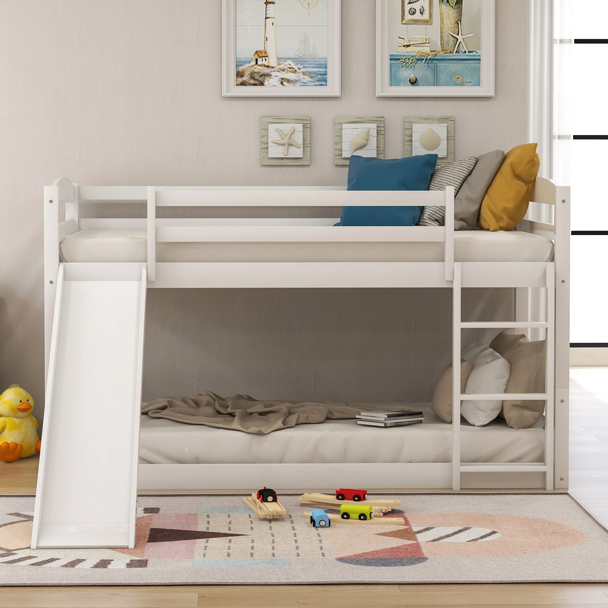 White Twin Over Twin Low Bunk Bed With Slide