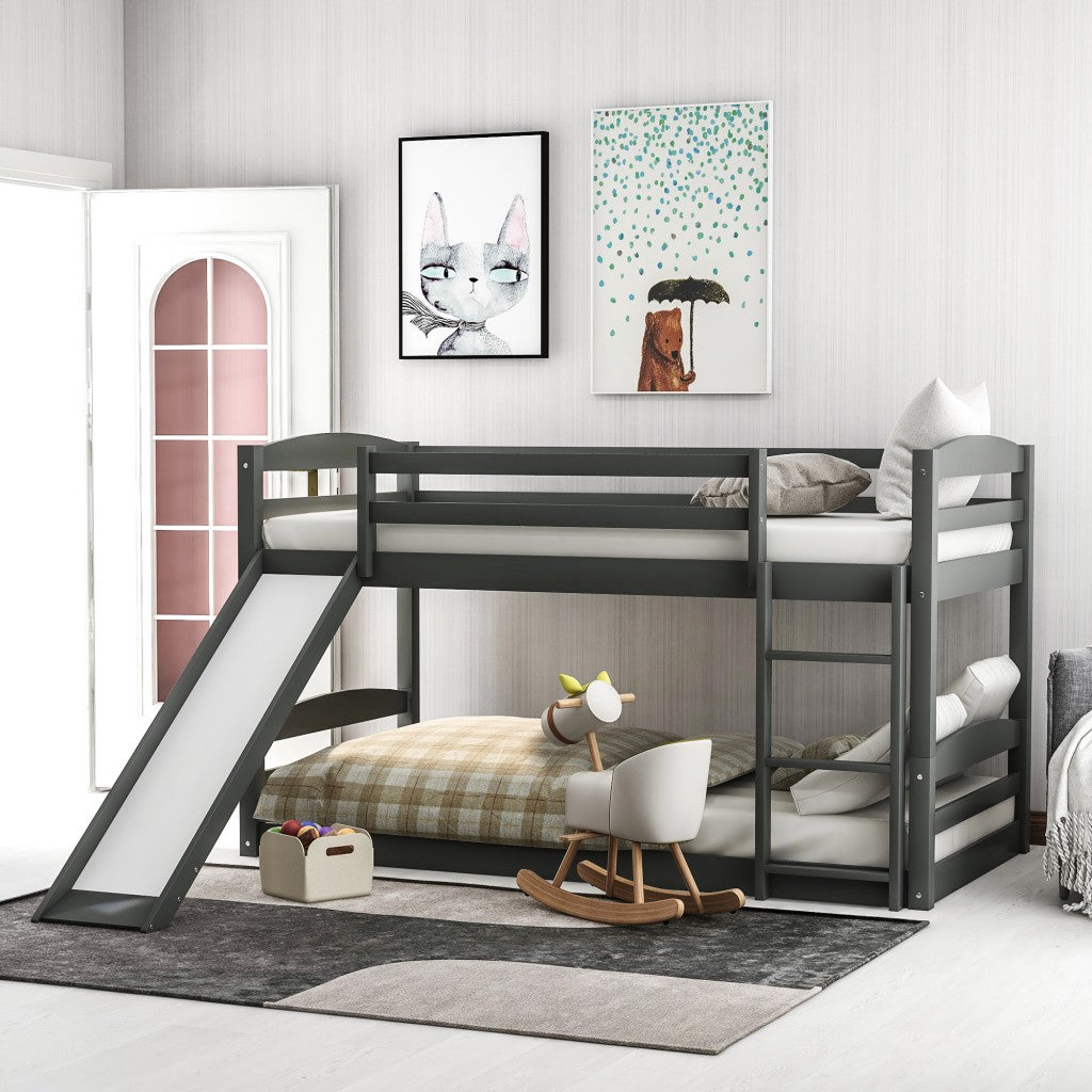 Gray Twin Over Twin Low Bunk Bed With Slide