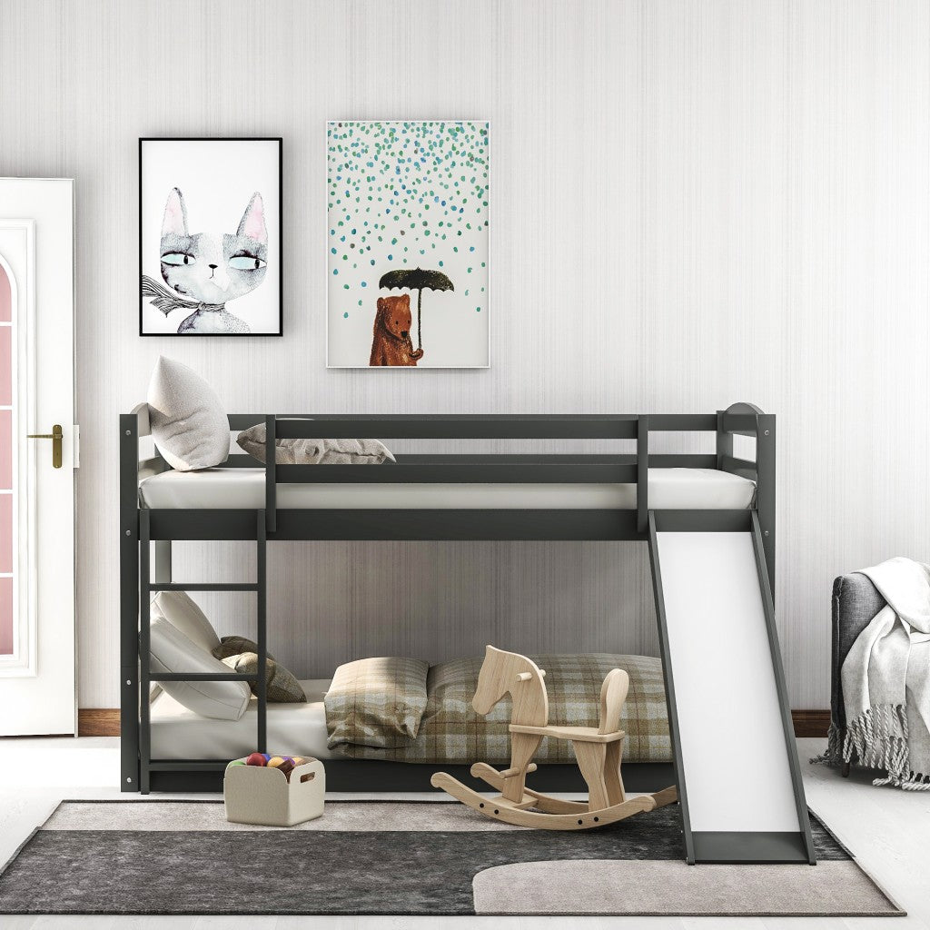 Gray Twin Over Twin Low Bunk Bed With Slide