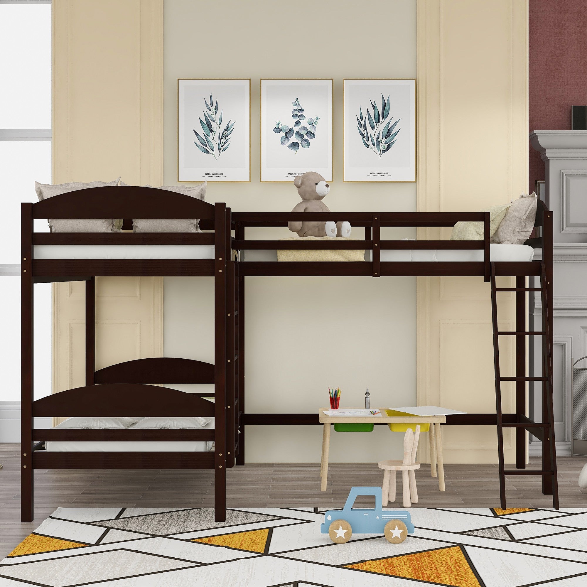 Brown L Shaped Triple Bunk Bed