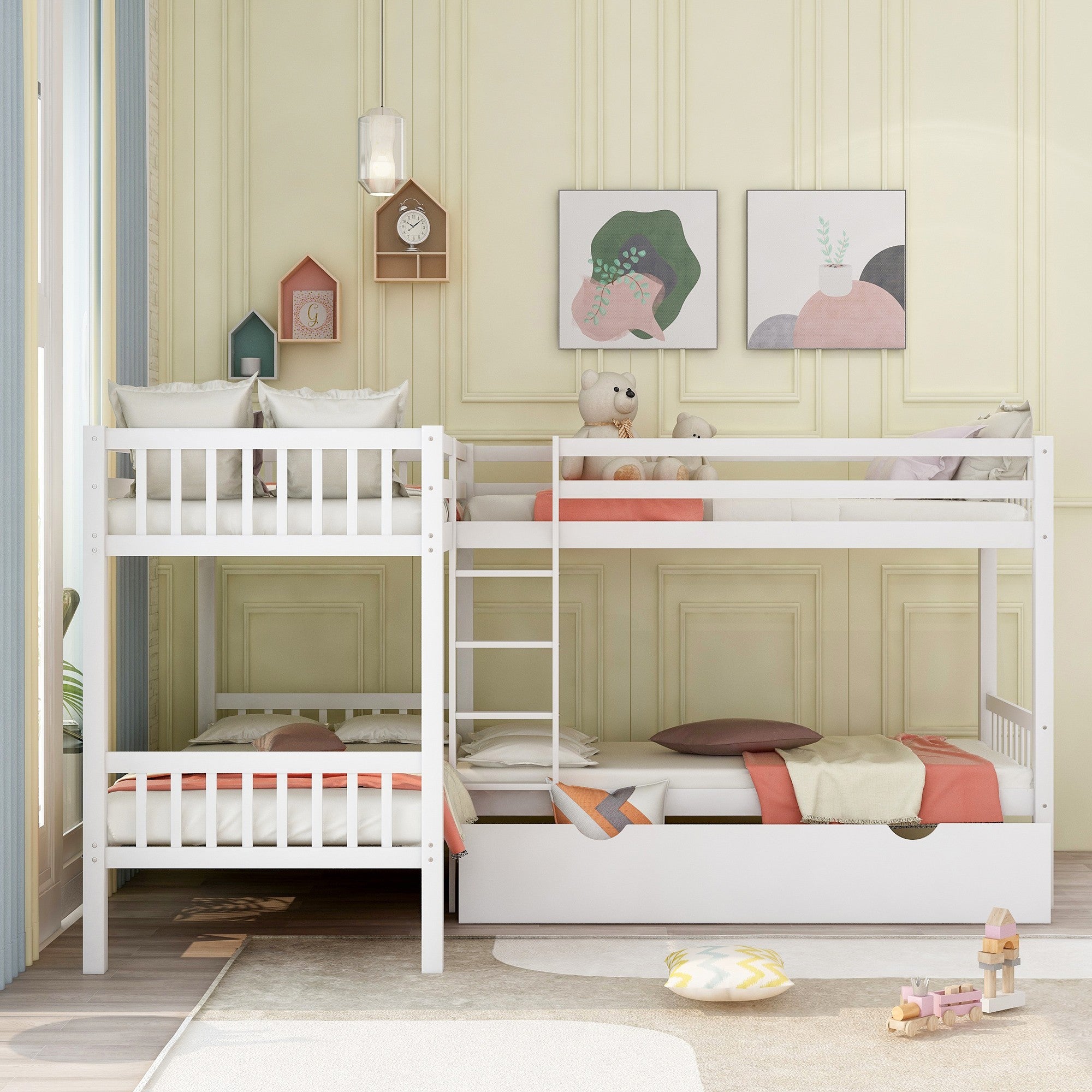 White Twin Size L Shaped Double Bunk Bed with Drawer