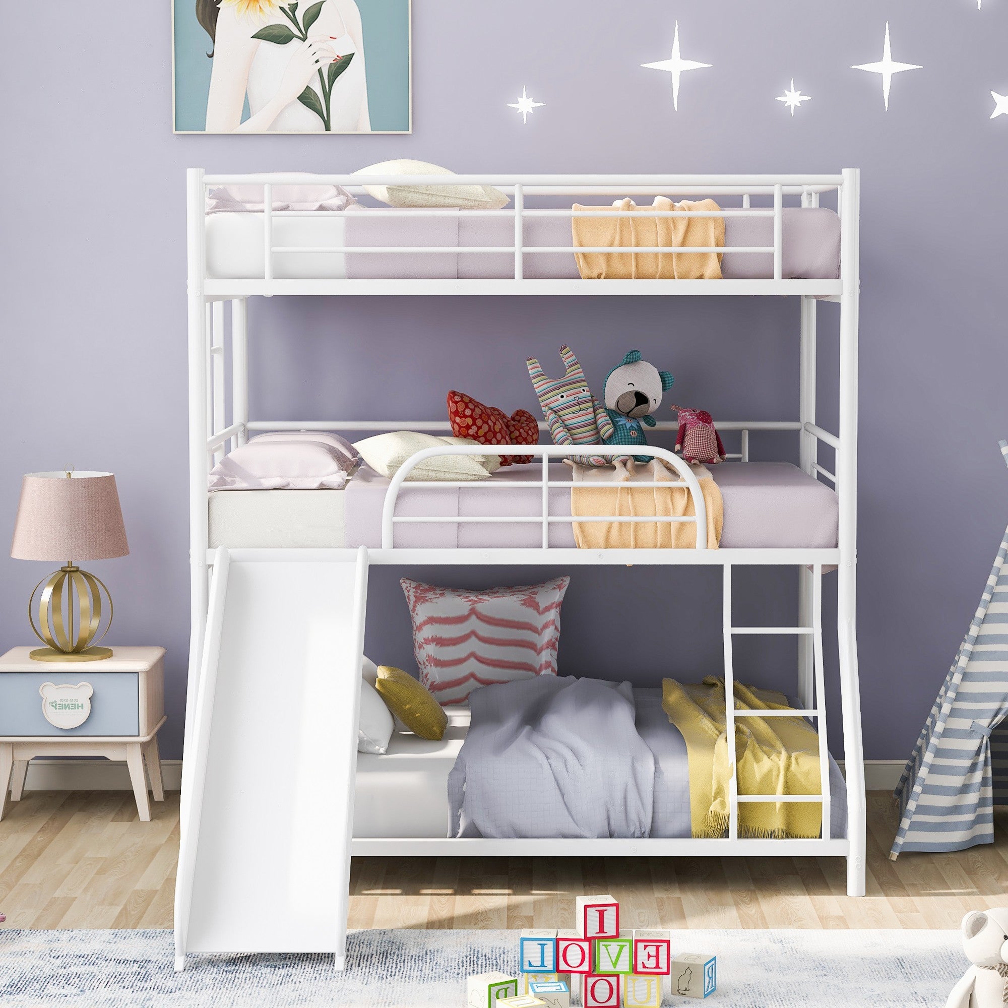 White Twin Over Twin over Full Size Triple Bunk Bed