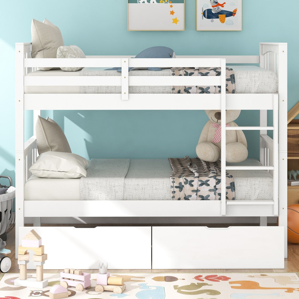 White Double Twin Size Ladder Bunk Bed With Drawers