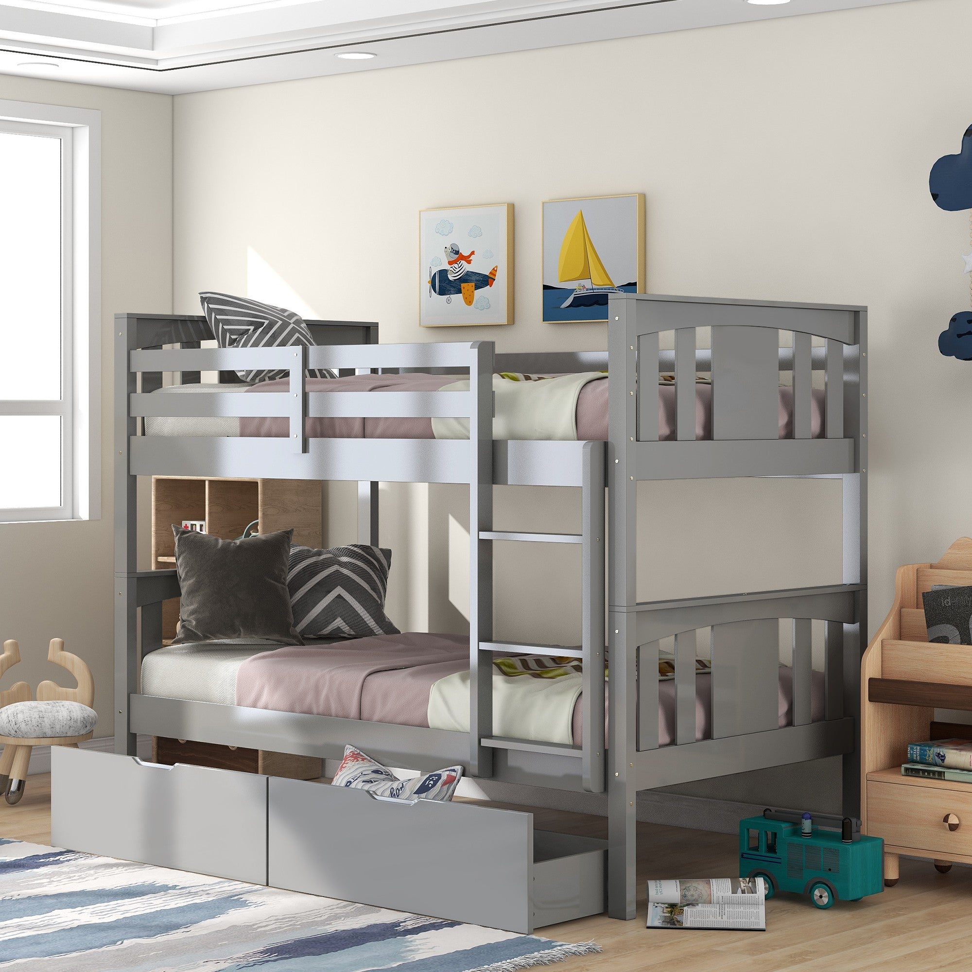 Gray  Double Twin Size Ladder Bunk Bed With Drawers