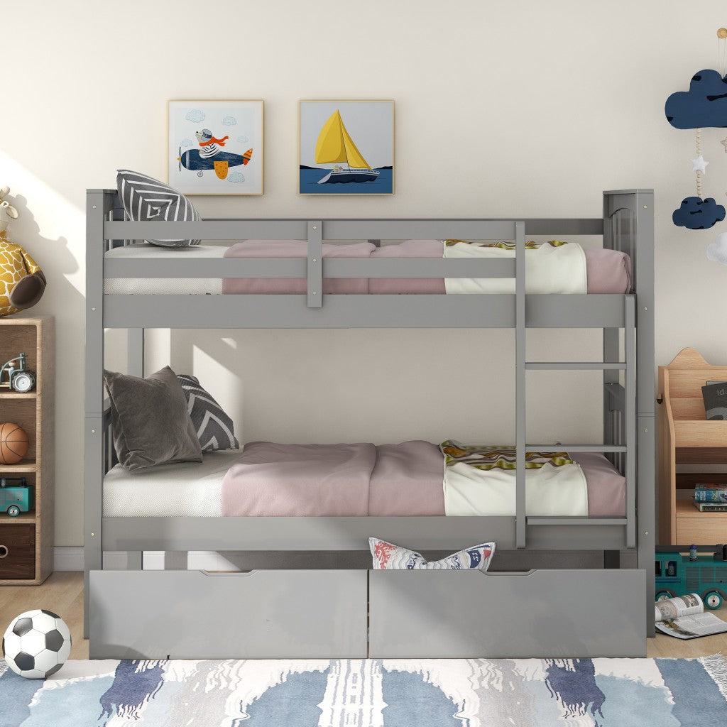 Gray  Double Twin Size Ladder Bunk Bed With Drawers