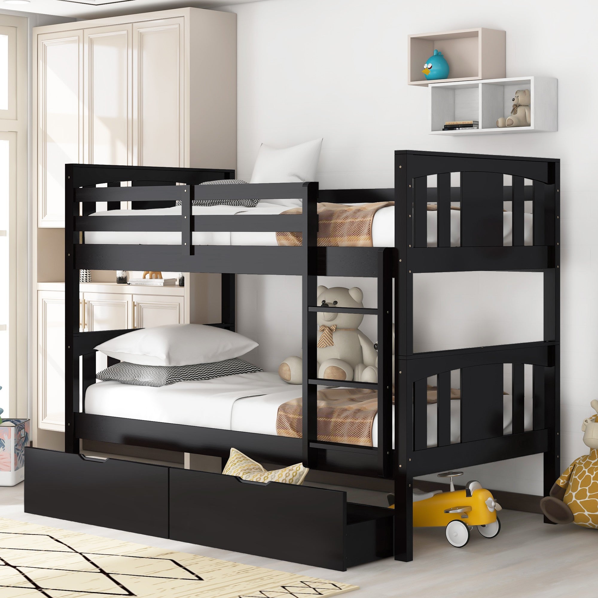 Brown Double Twin Size Ladder Bunk Bed With Drawers