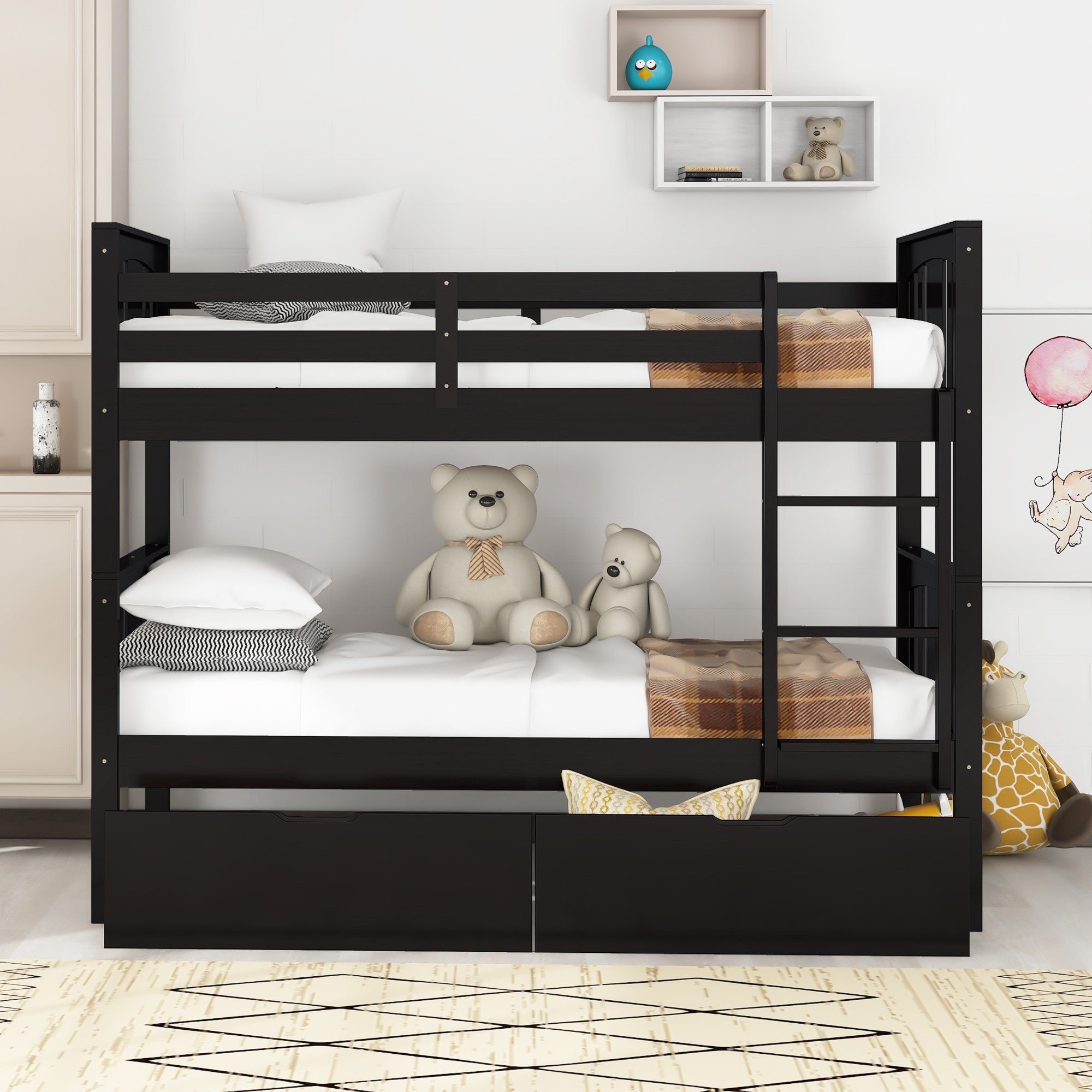 Brown Double Twin Size Ladder Bunk Bed With Drawers