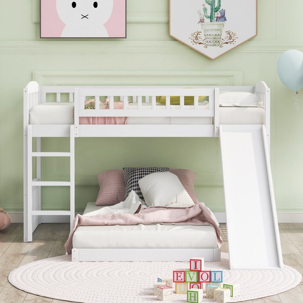 White Double Twin Size Ladder and Slide Bunk Bed