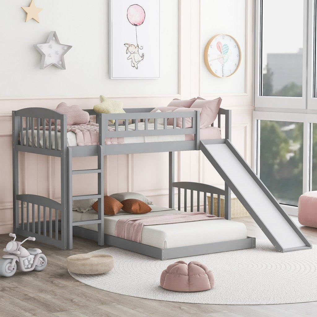 Gray Double Twin Size Ladder and Slide Bunk Bed