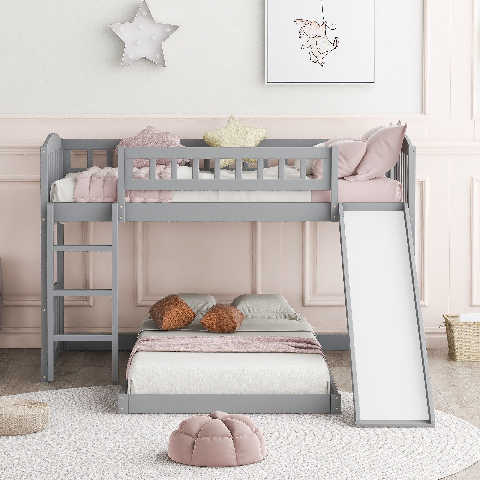 Gray Double Twin Size Ladder and Slide Bunk Bed