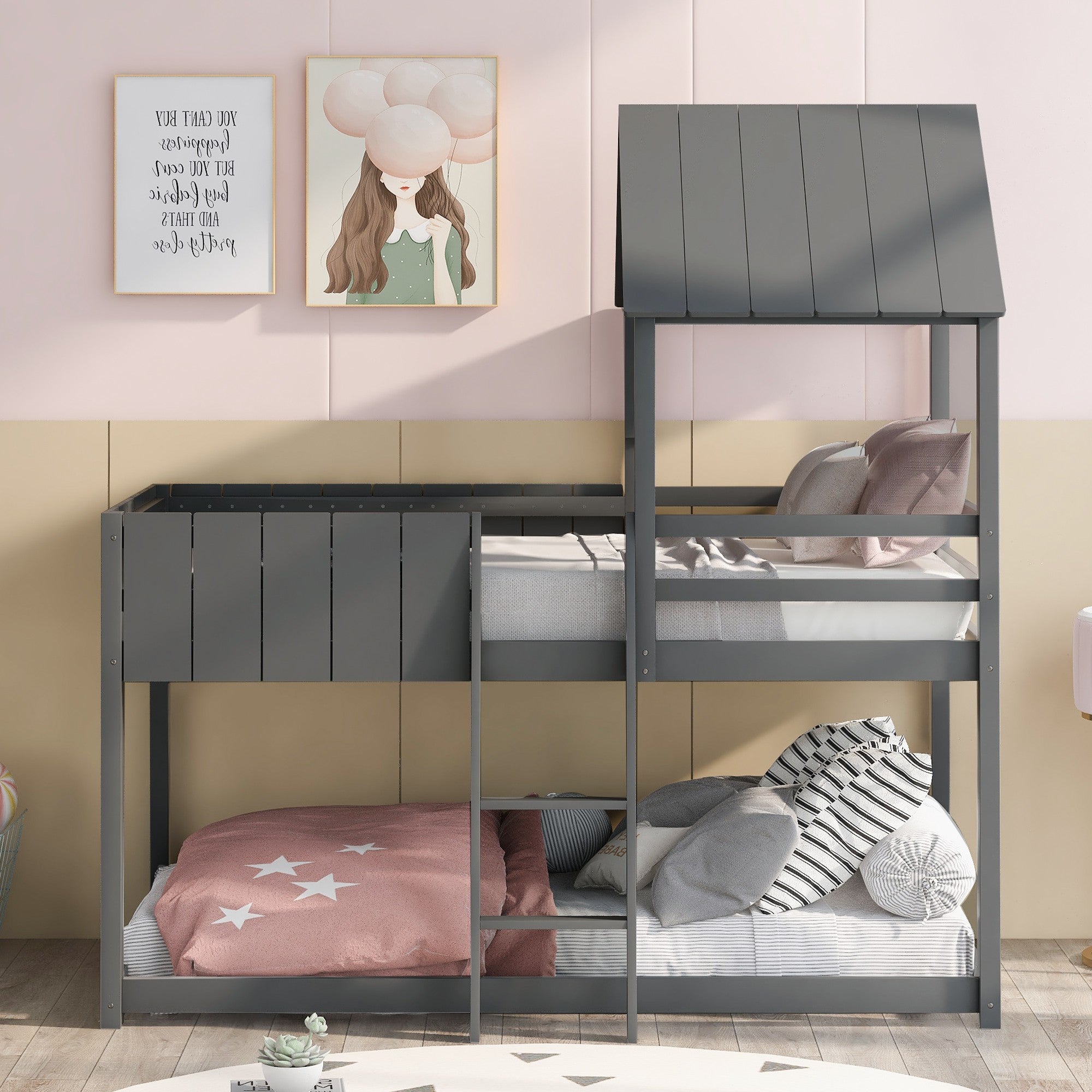 Gray Double Twin Size Bunk Bed with Roof