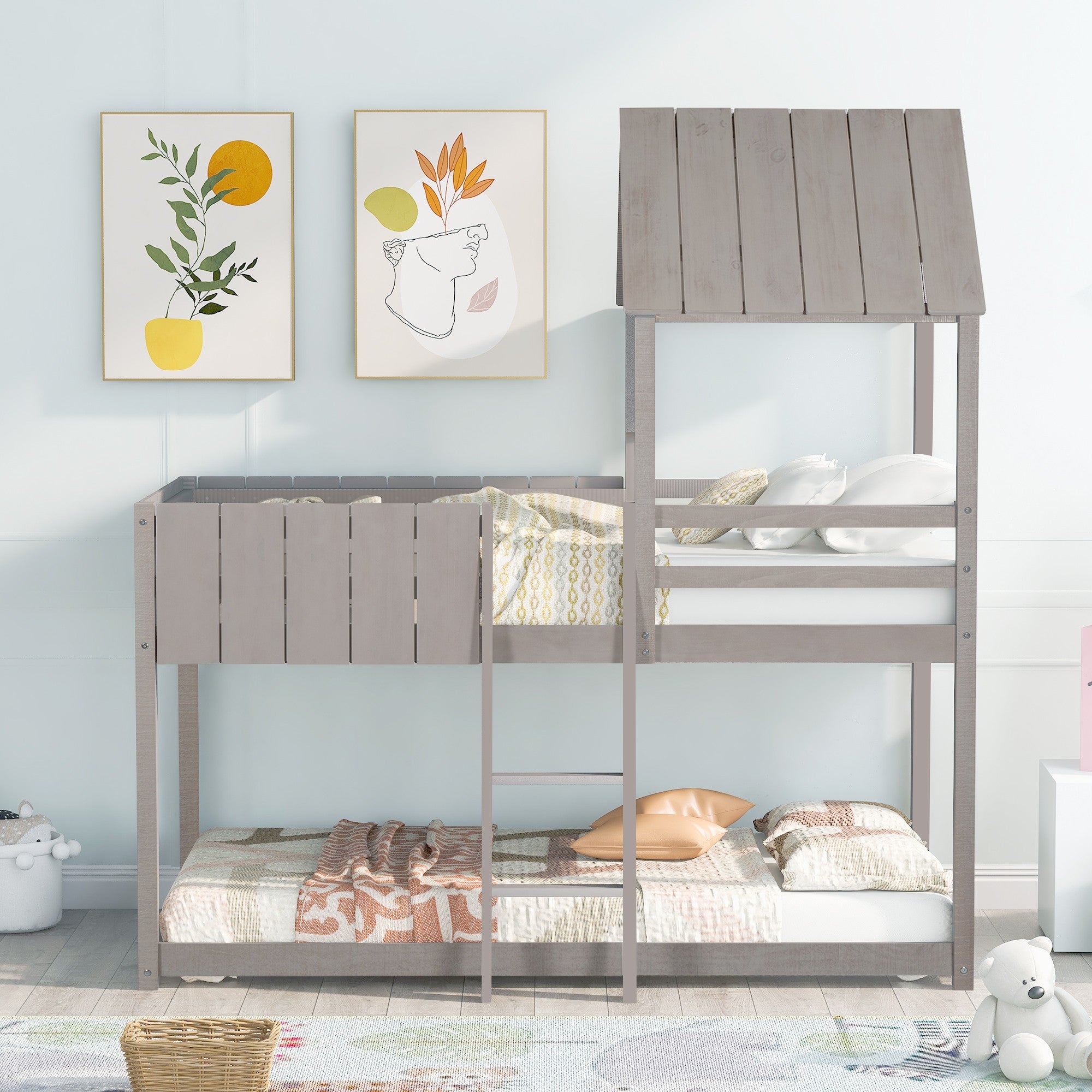 Wash Gray Double Twin Size Bunk Bed with Roof