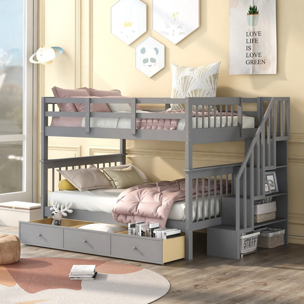 Gray Double Full Size Stairway Bunk Bed With Drawer