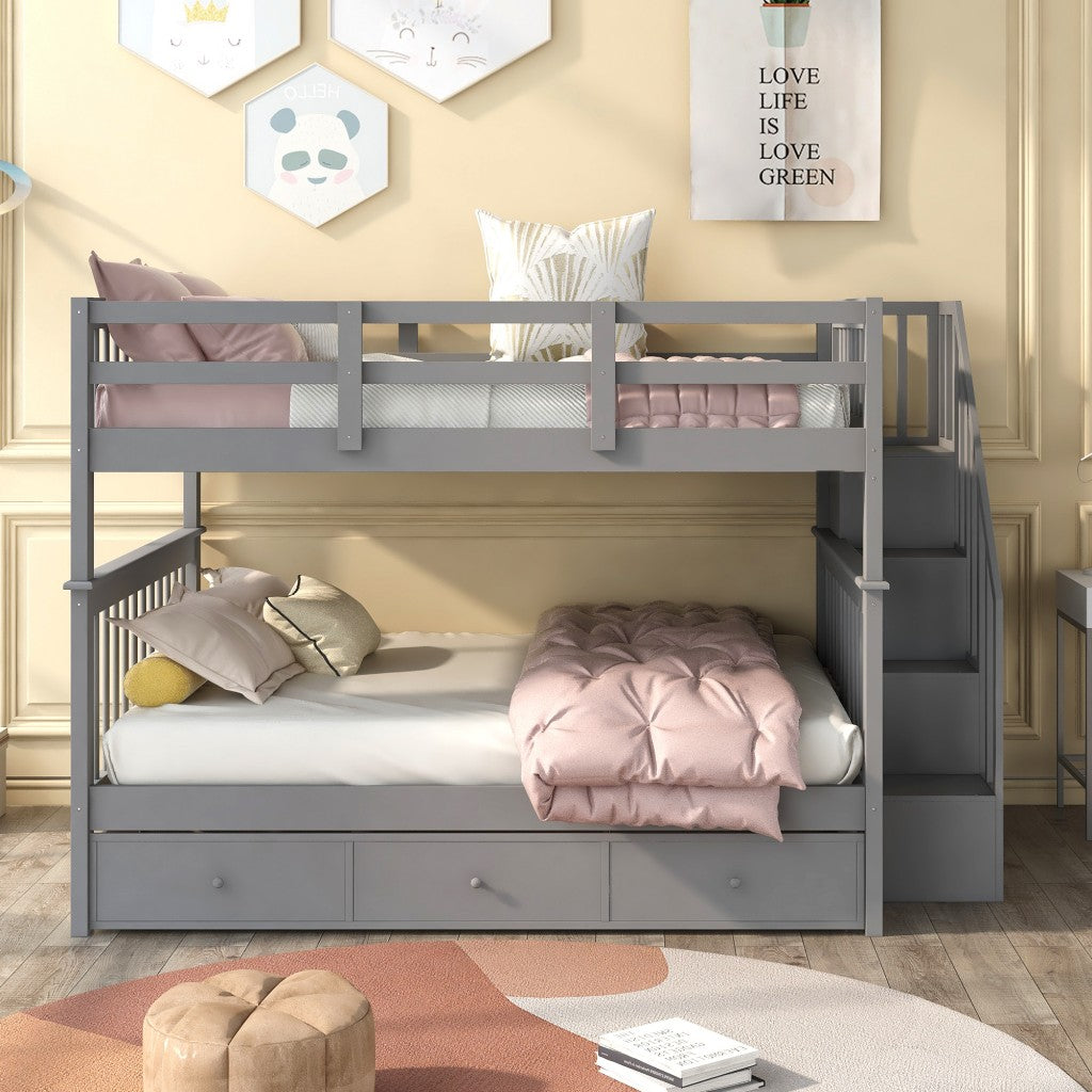 Gray Double Full Size Stairway Bunk Bed With Drawer