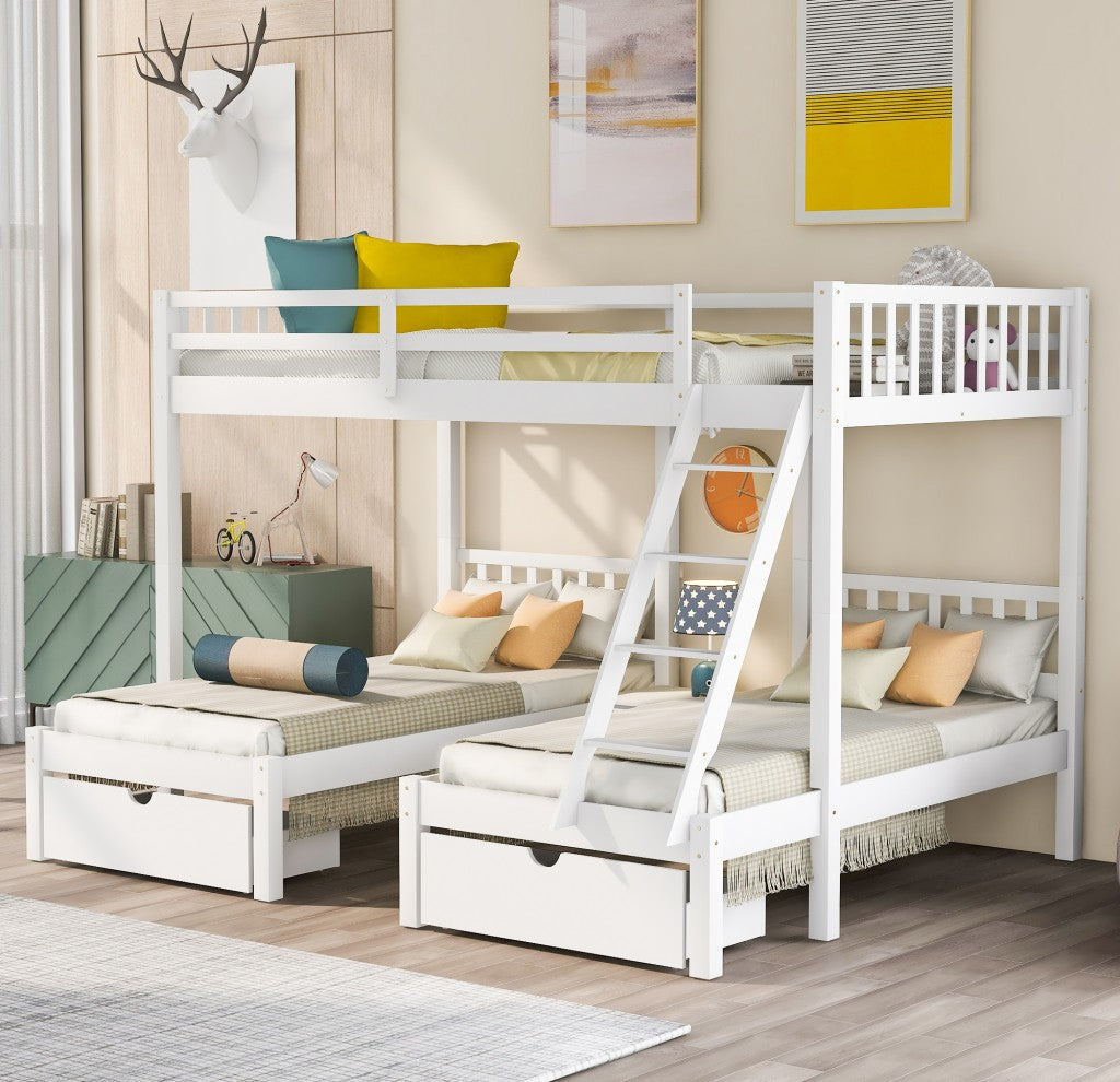 White Full Over Two Twins Triple Bunk Bed