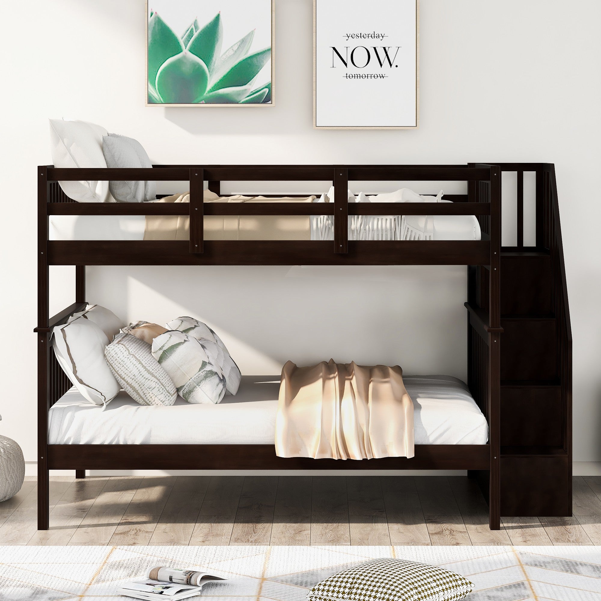 Brown Double Full Size Stairway Bunk Bed