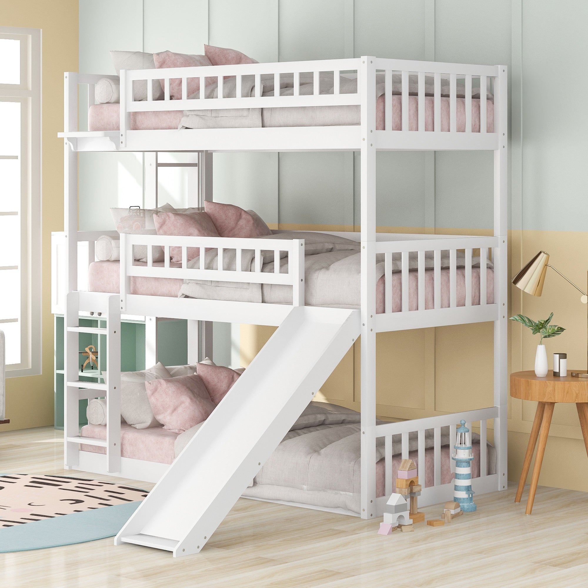 White Triple Twin Size Ladder Bunk Bed