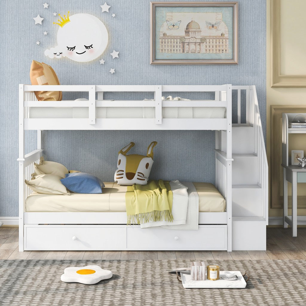 White Double Twin Size Stairway Bunk Bed