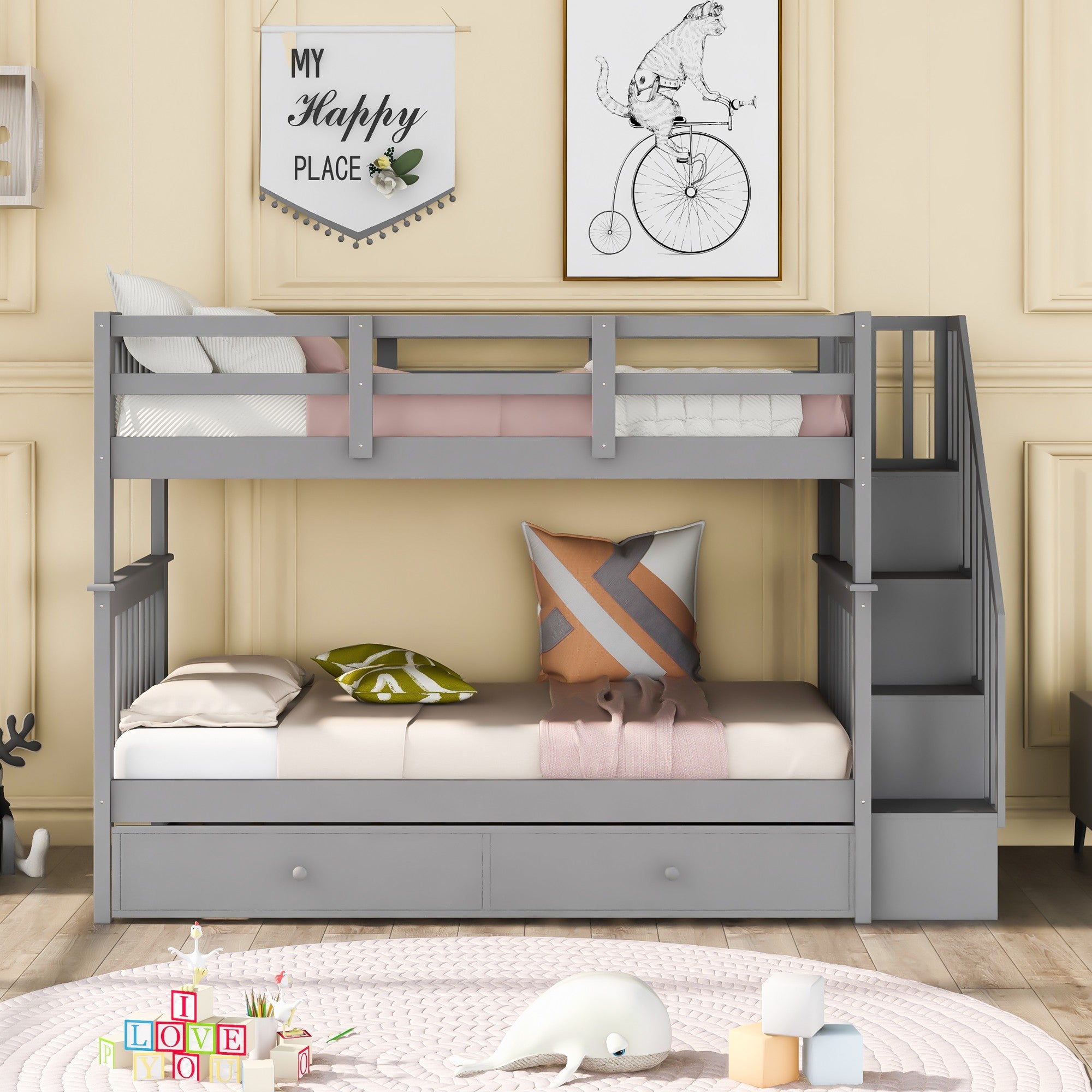 Gray Double Twin Size Stairway Bunk Bed