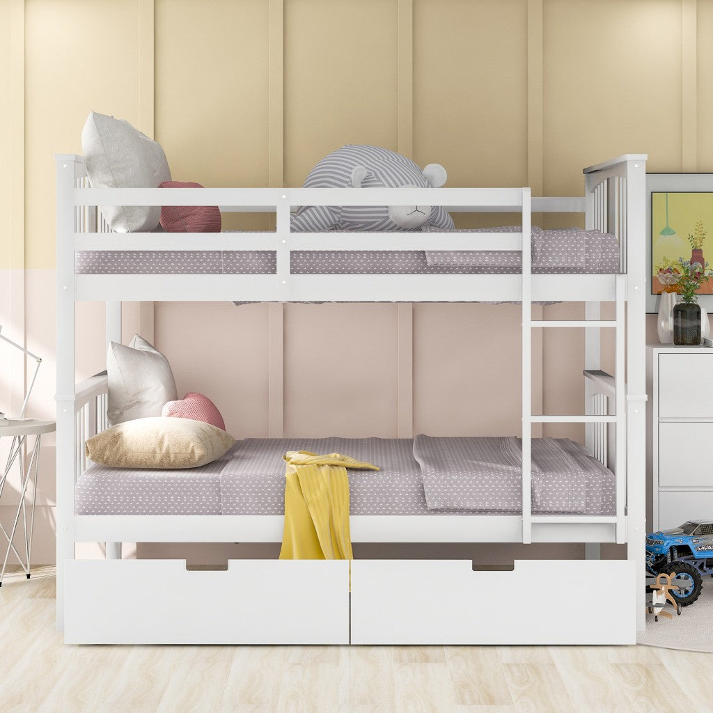 Modern White Full Over Full Bunk Bed with Two Drawers