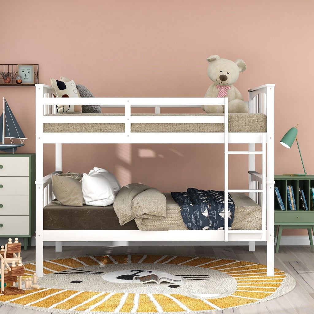 Full over Full Bunk Bed with  Ladder for Bedroom Guest Room Furniture-White