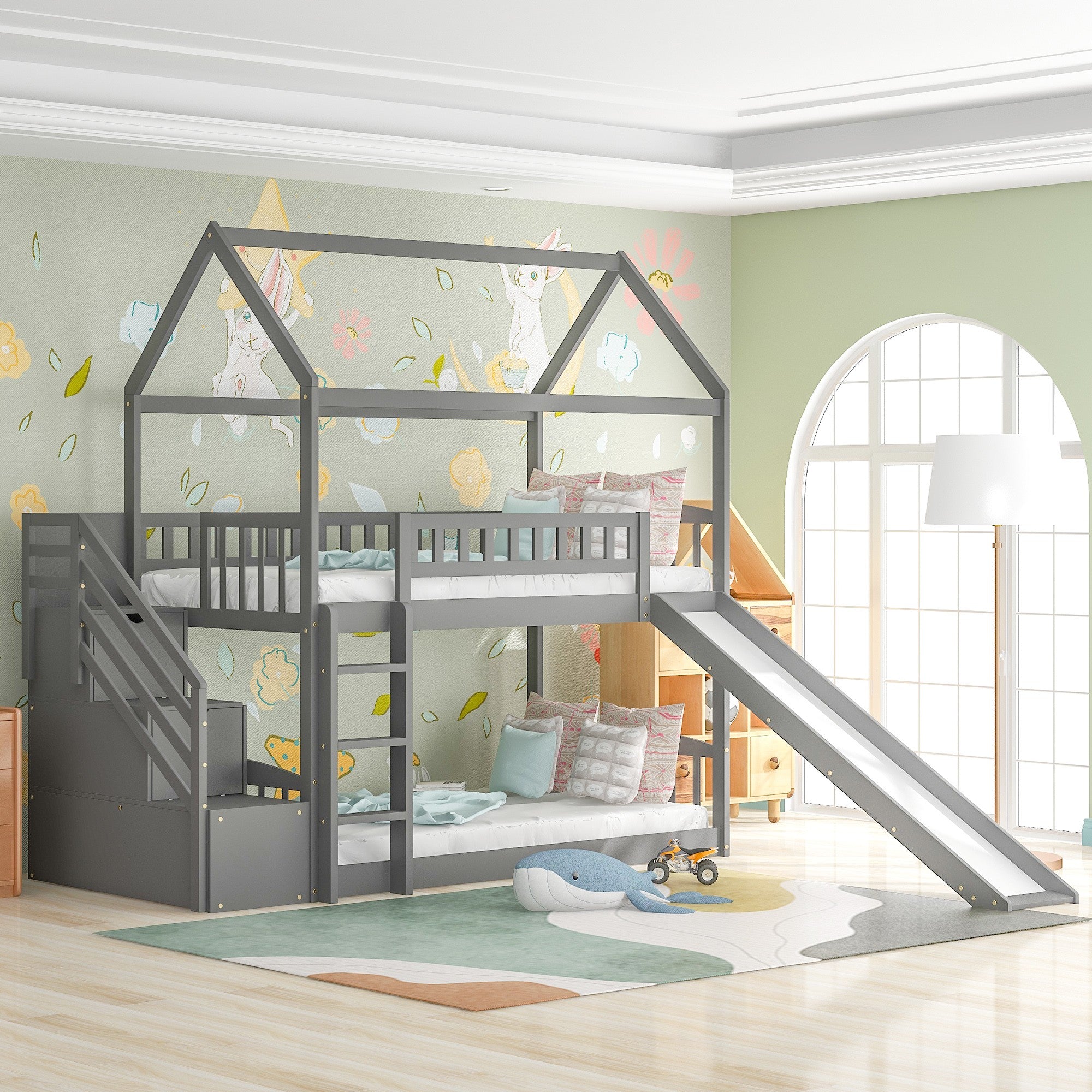 Gray Twin Over Twin Playhouse Styled Bunk Bed