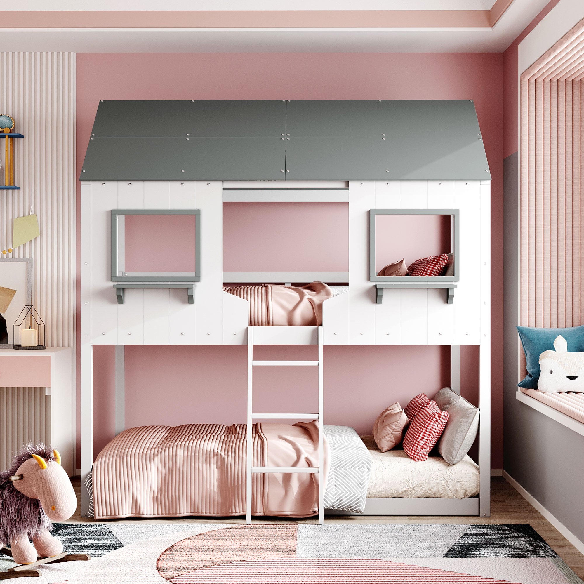 White and Dark Gray Twin Over Twin Doll House Bunk Bed