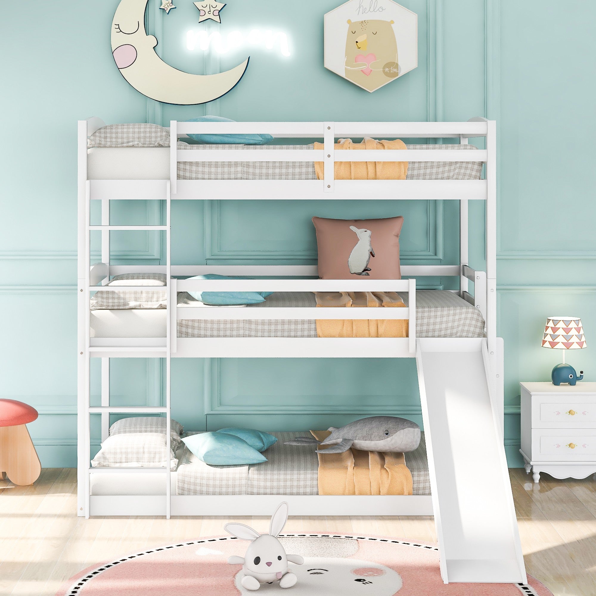 White Triple Bunk Twin Sized Bed with Slide