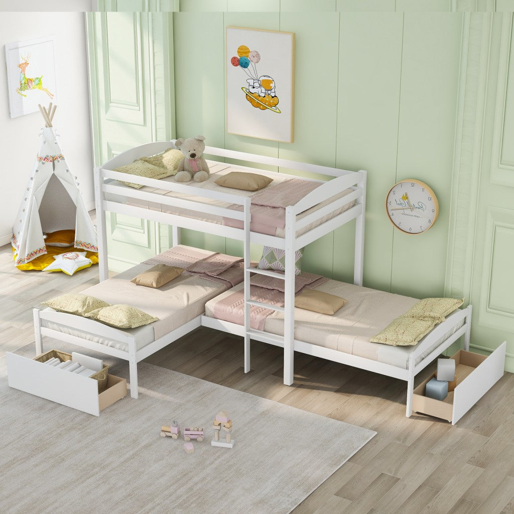 White L Shaped Triple Bunk Bed with Drawers