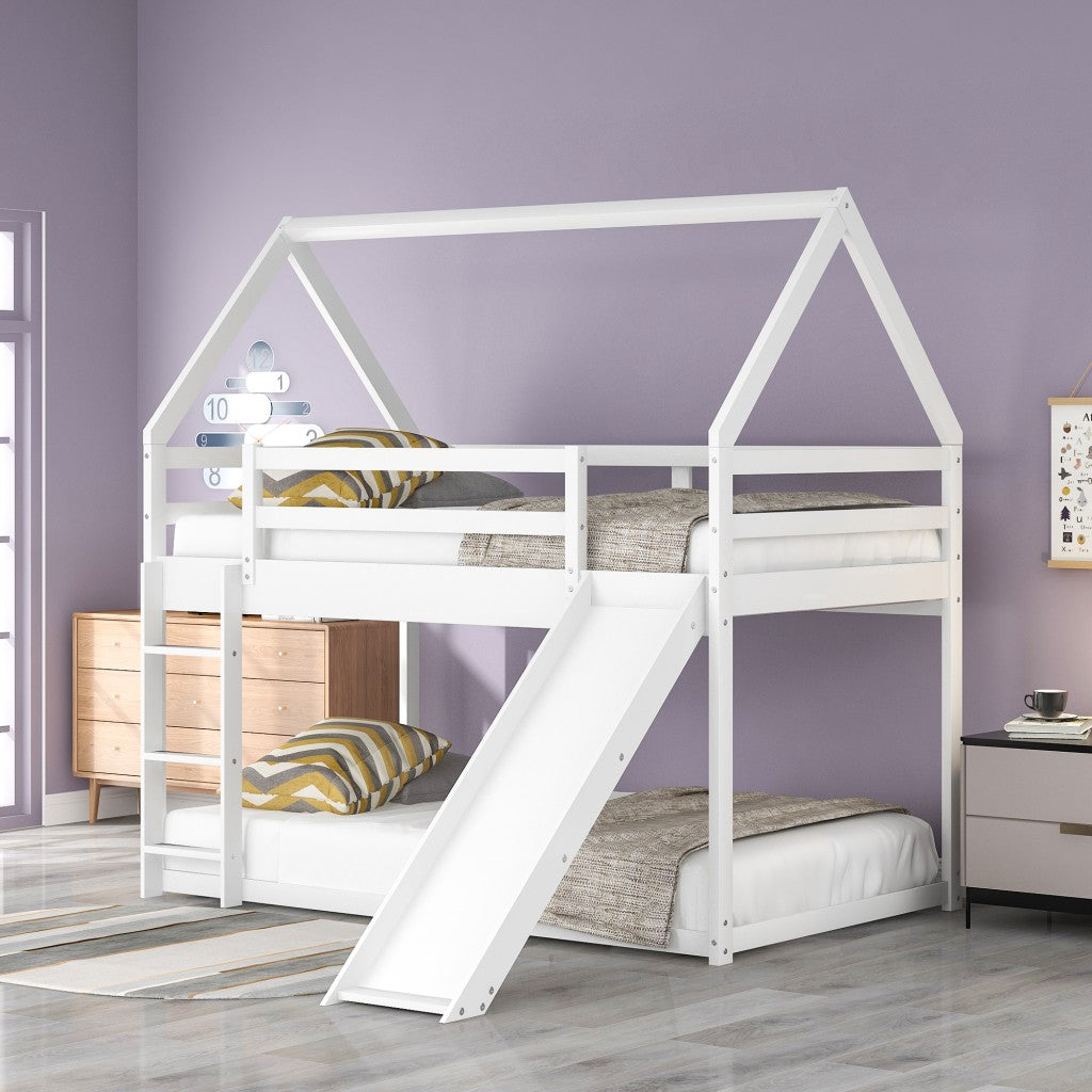 White Twin Over Twin House Bed with Slide and Ladder