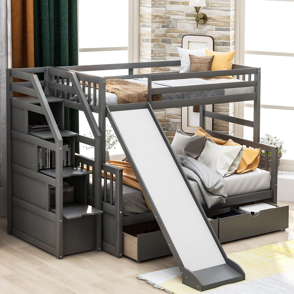 Gray Twin Over Full Bunk Bed with Slide and Storage