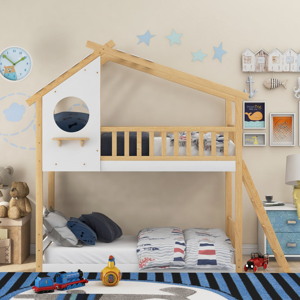 Natural and White Playhouse Inspired Twin over Twin Bunk Bed