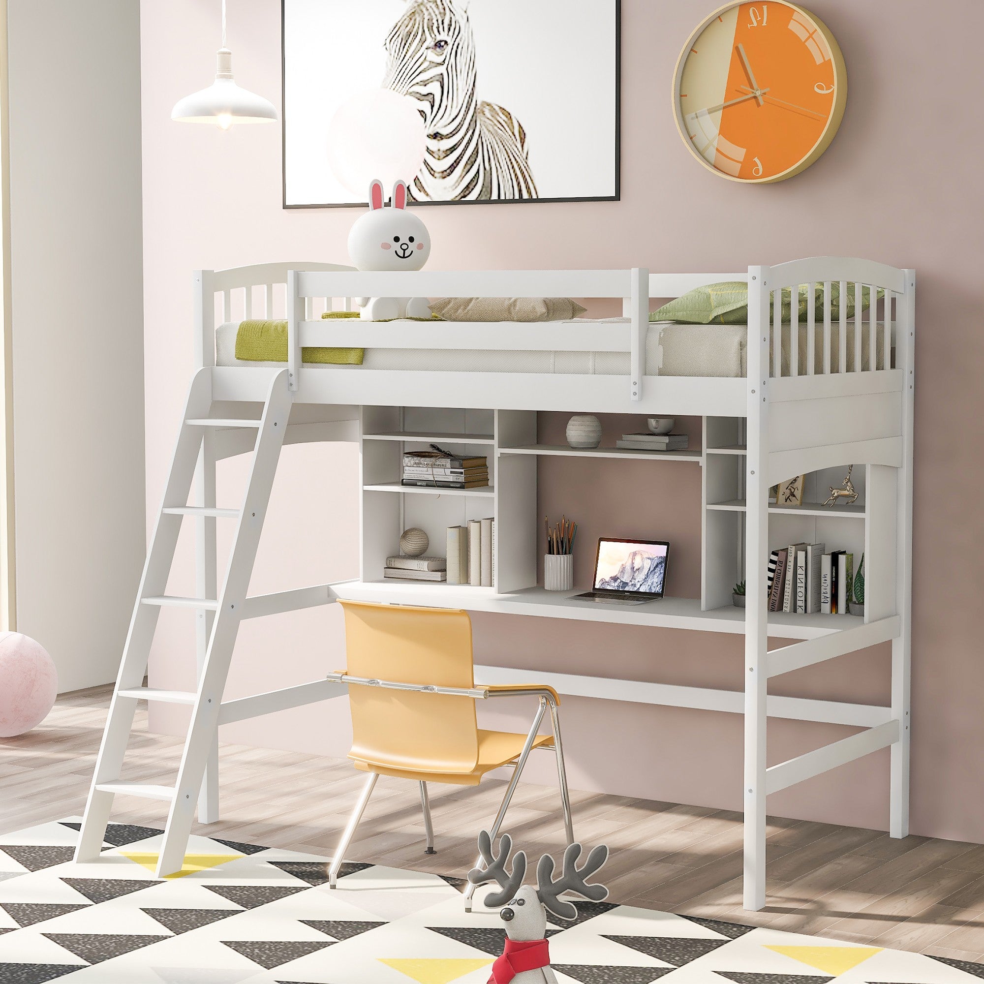 White Twin Size Loft Bed with Desk and Shelves