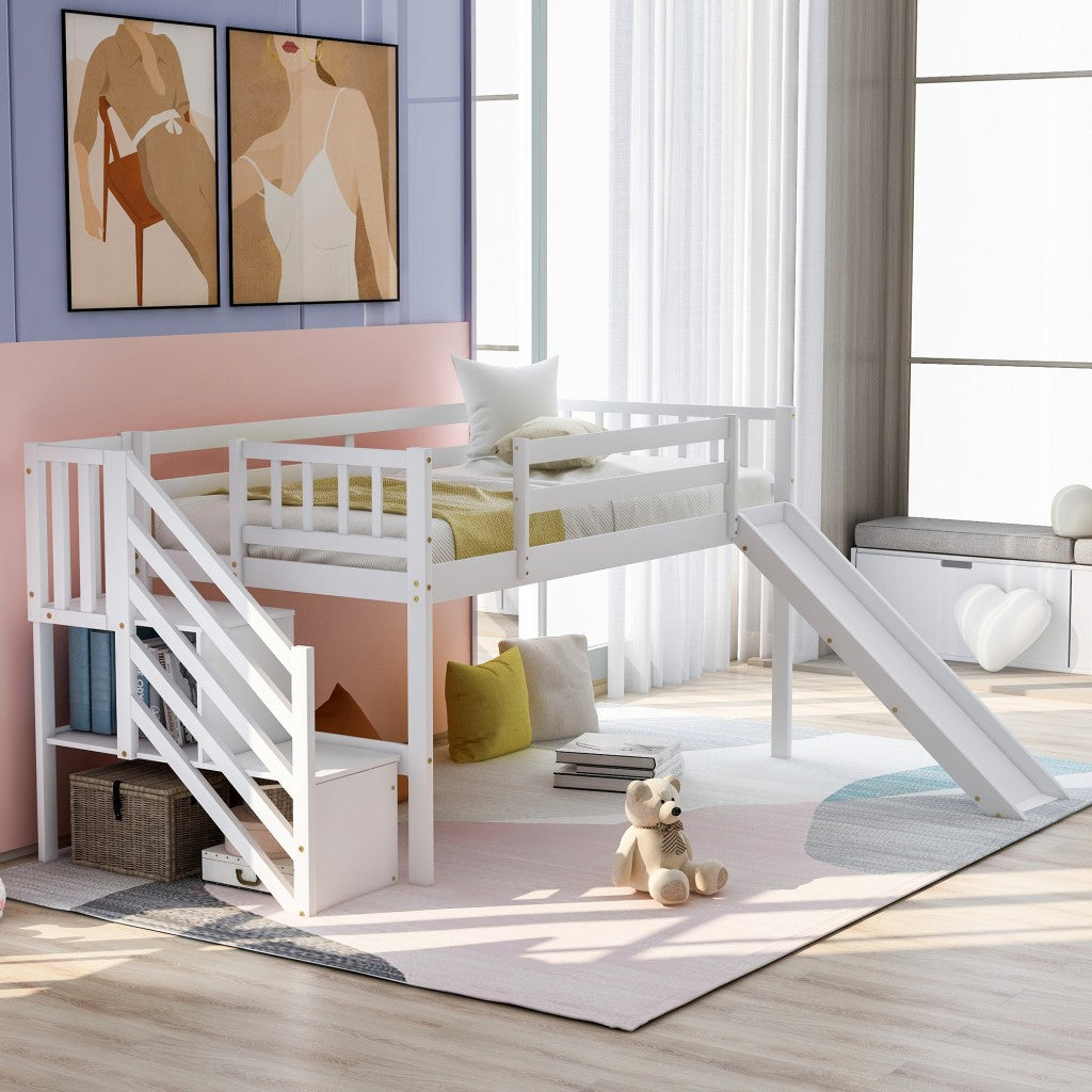 White Twin Size Low Loft Bed With Slide