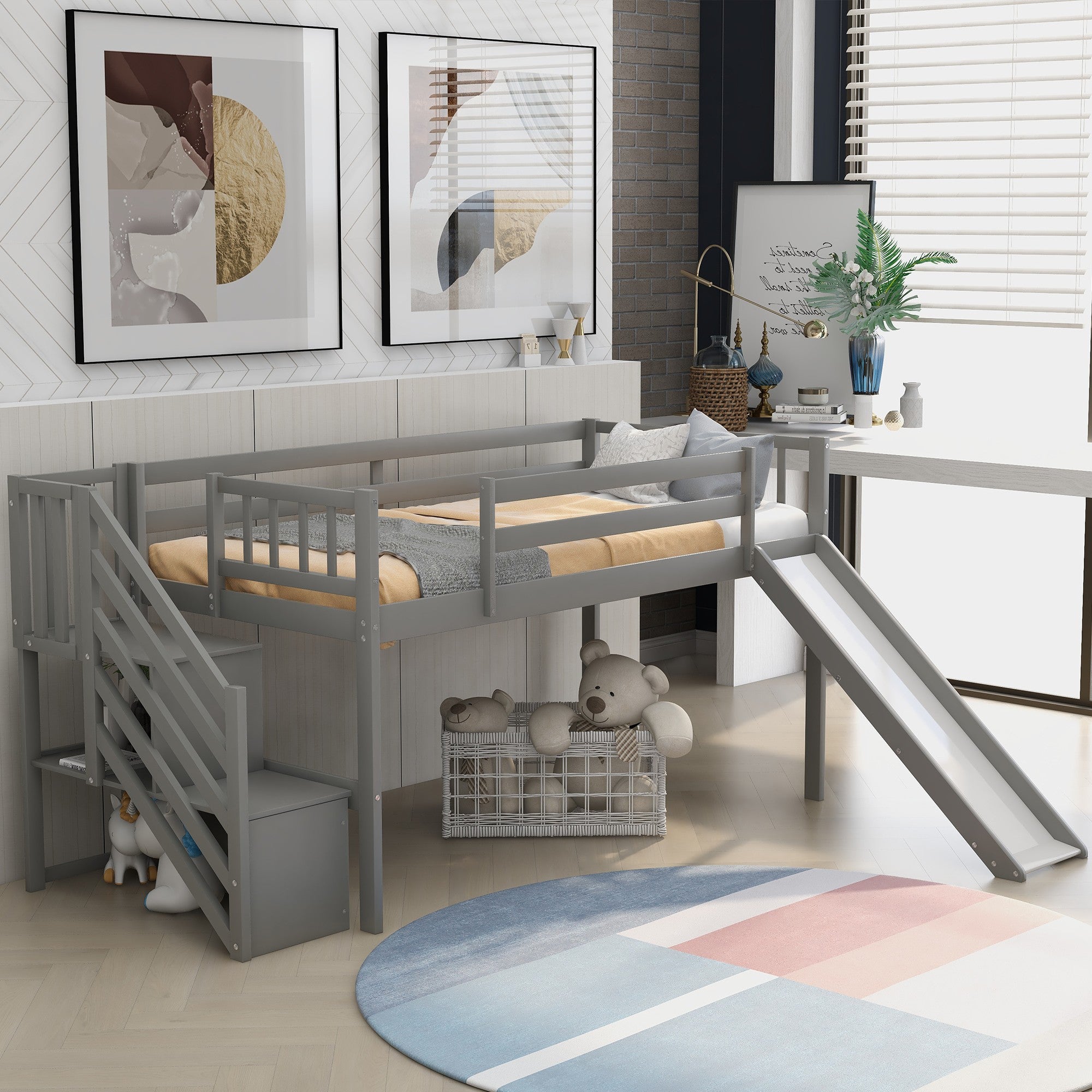 Gray Twin Size Low Loft Bed With Slide