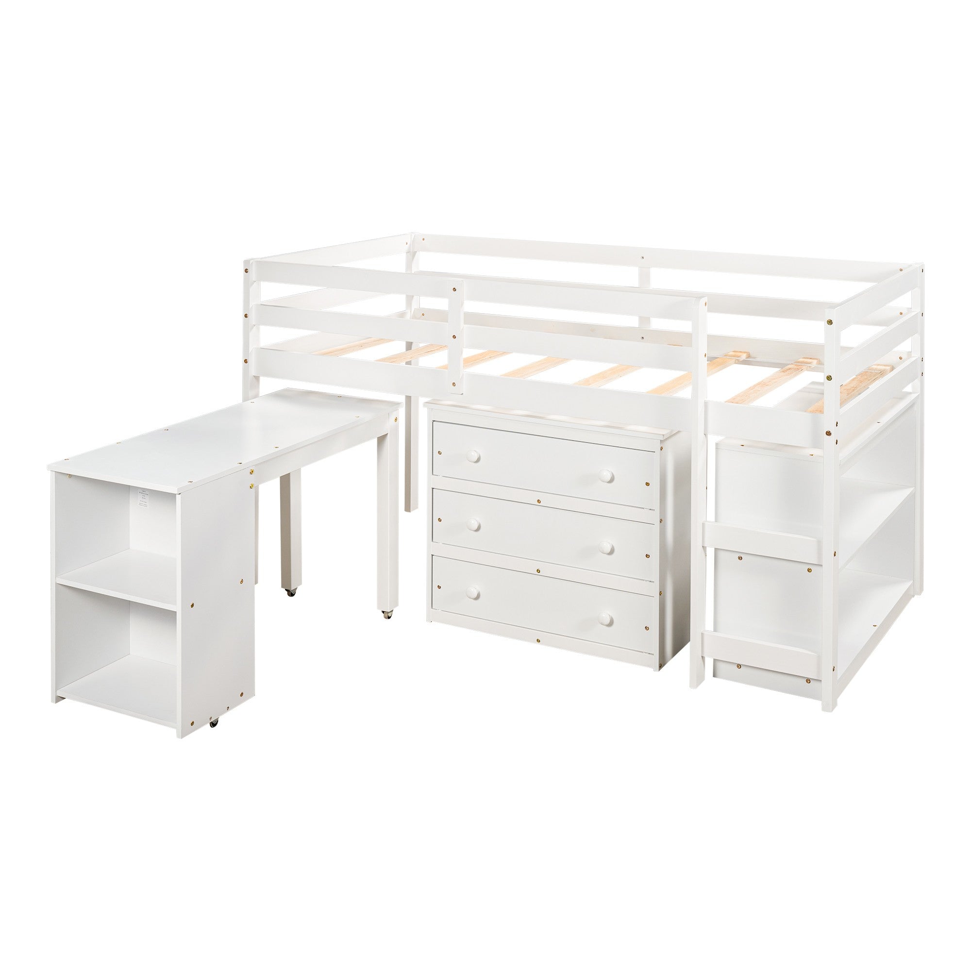 White Twin Size Low Loft Bed with Desk and Dresser