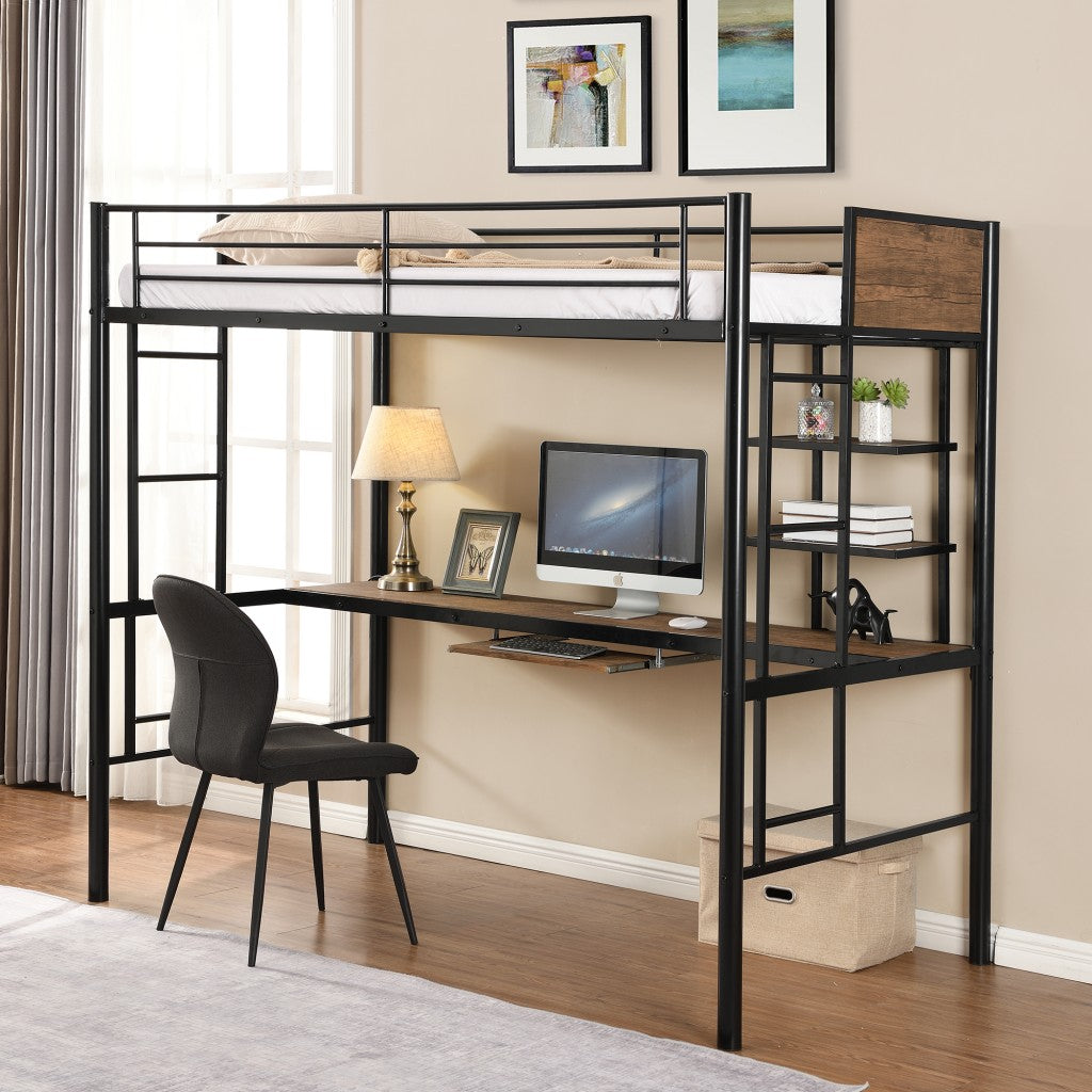 Black and Brown Loft Bed with Desk and Shelf