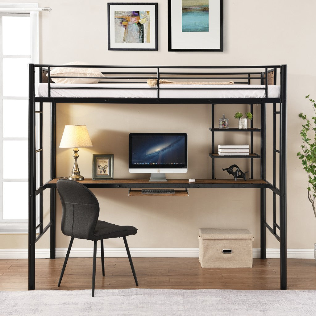 Black and Brown Loft Bed with Desk and Shelf