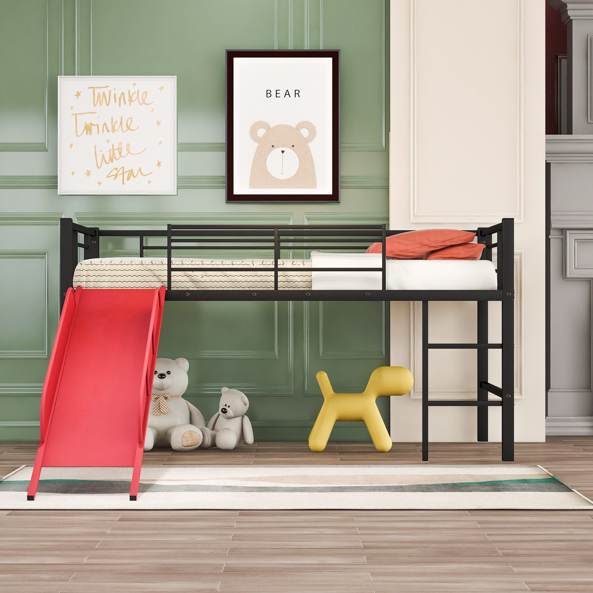 Black Twin Metal Loft Bed With Reinforced Red Slide