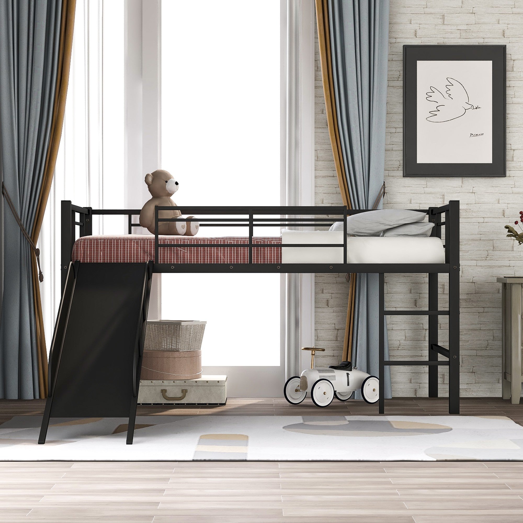 Black Twin Metal Loft Bed With Reinforced Slide