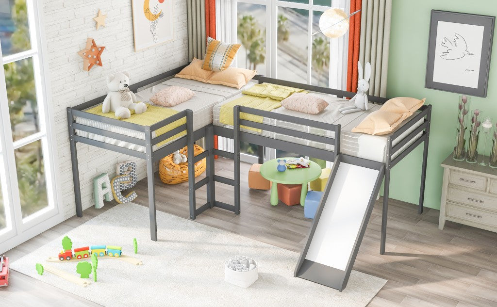 Gray L Shaped Loft Bed with Slide