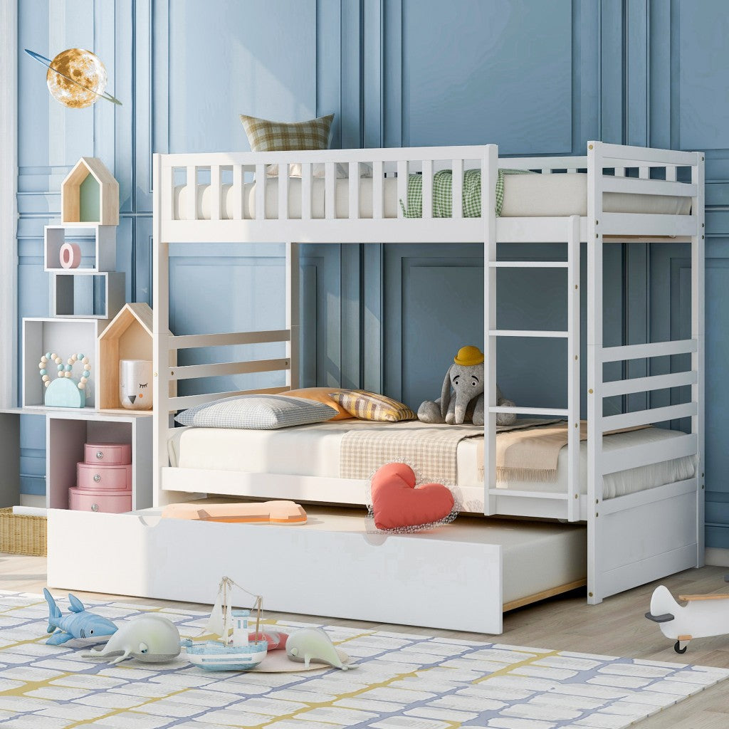 White Twin Over Twin Solid Wood Bunk Bed With Trundle