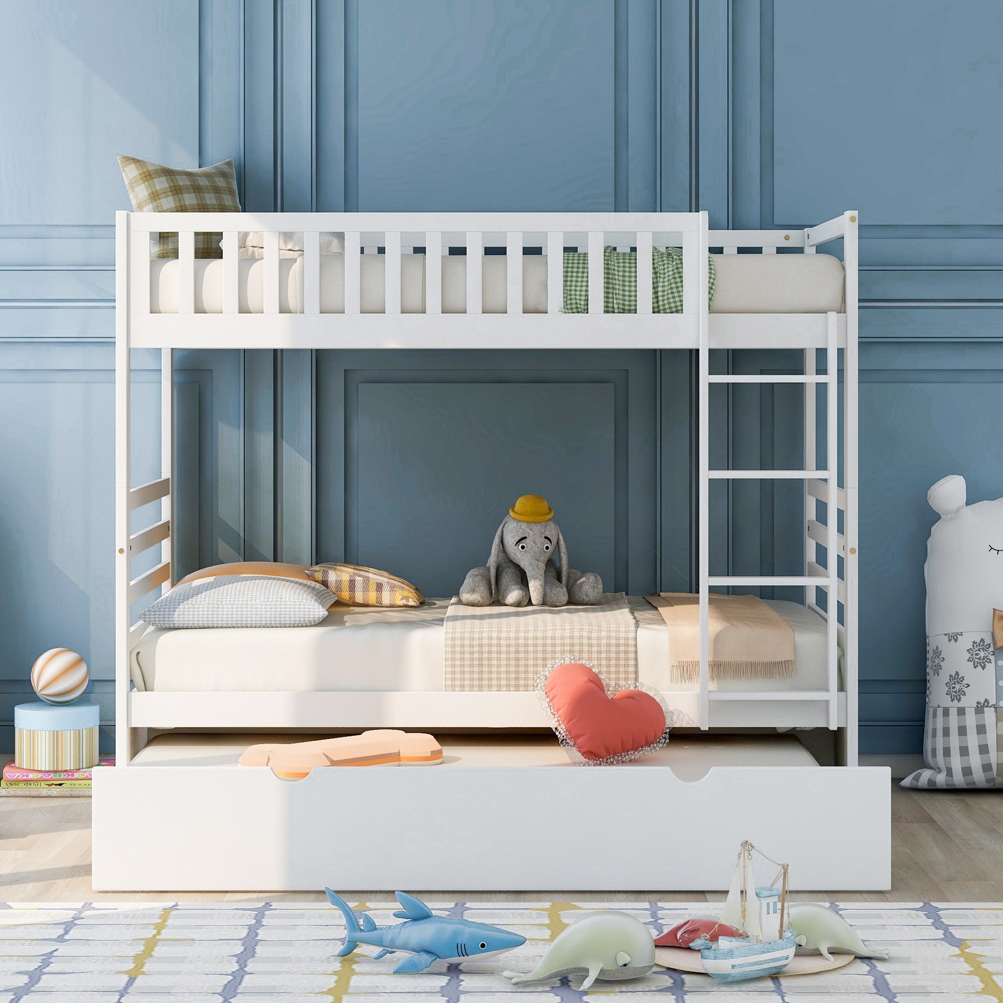 White Twin Over Twin Solid Wood Bunk Bed With Trundle