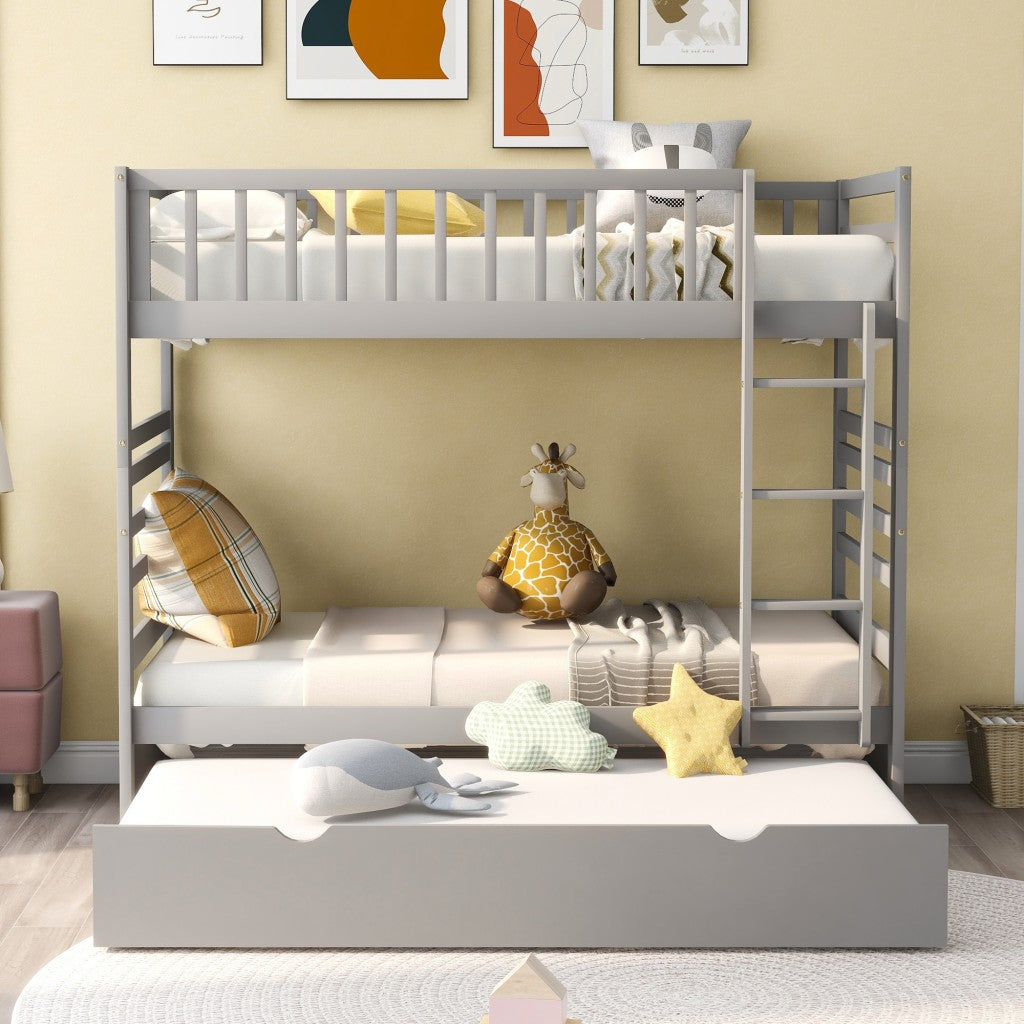 Gray Twin Over Twin Solid Wood Bunk Bed With Trundle