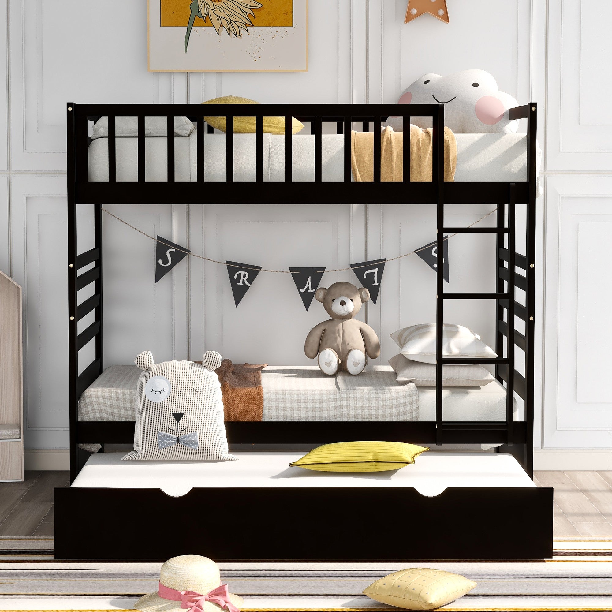 Brown Twin Over Twin Bunk Bed with Trundle