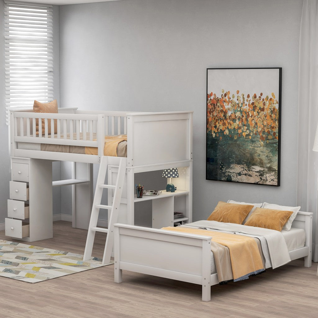 White Twin Over Twin Size Bed with Shelves and Drawers