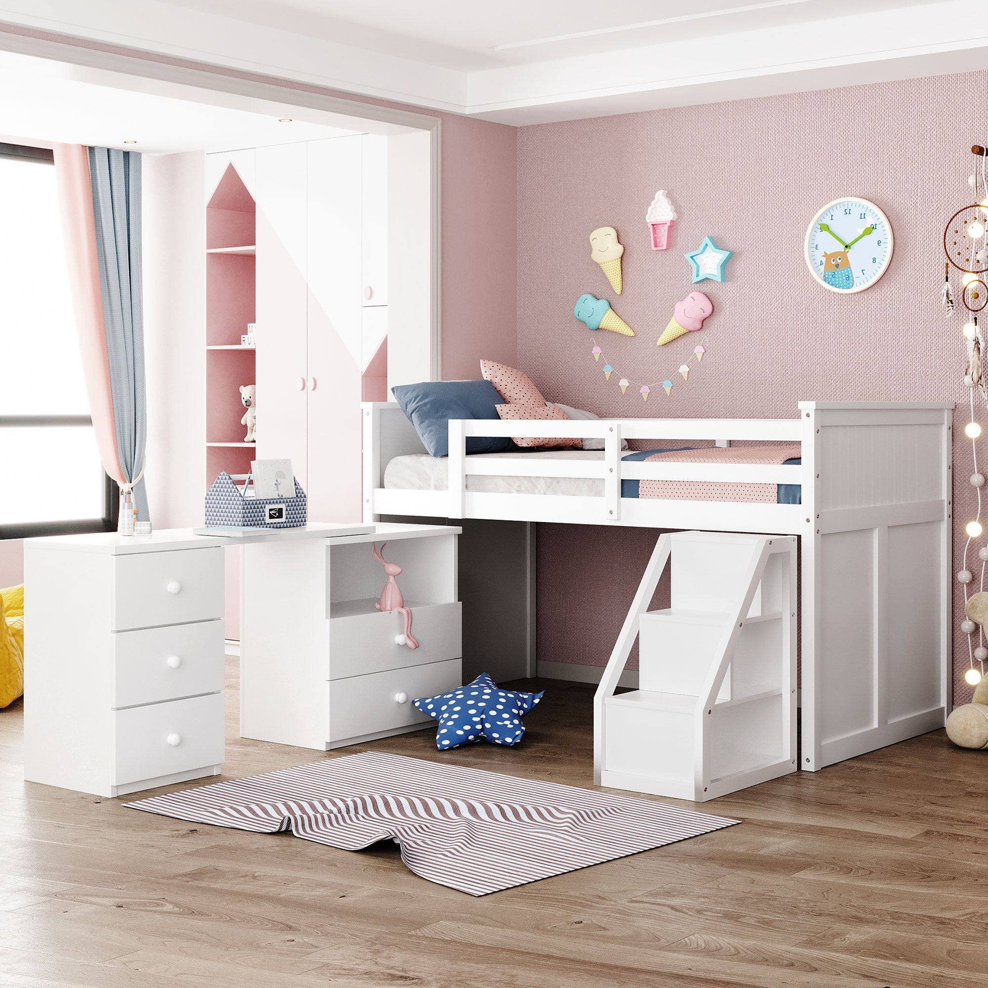 White Twin Size Low Loft Bed With Portable Desk