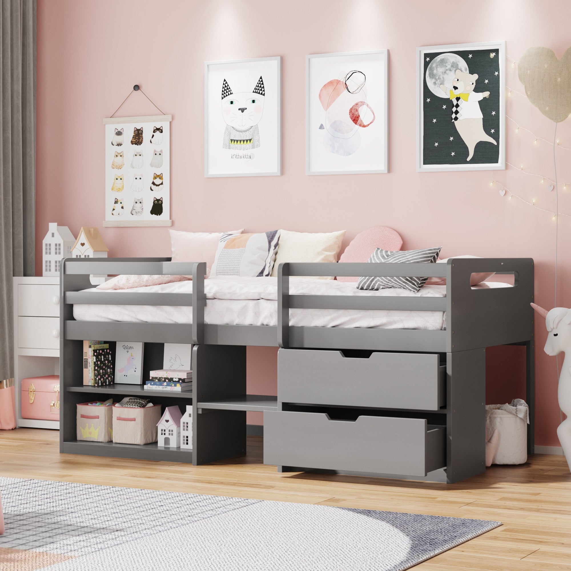 Gray Twin Size Low Loft Bed With Shelves and Drawers