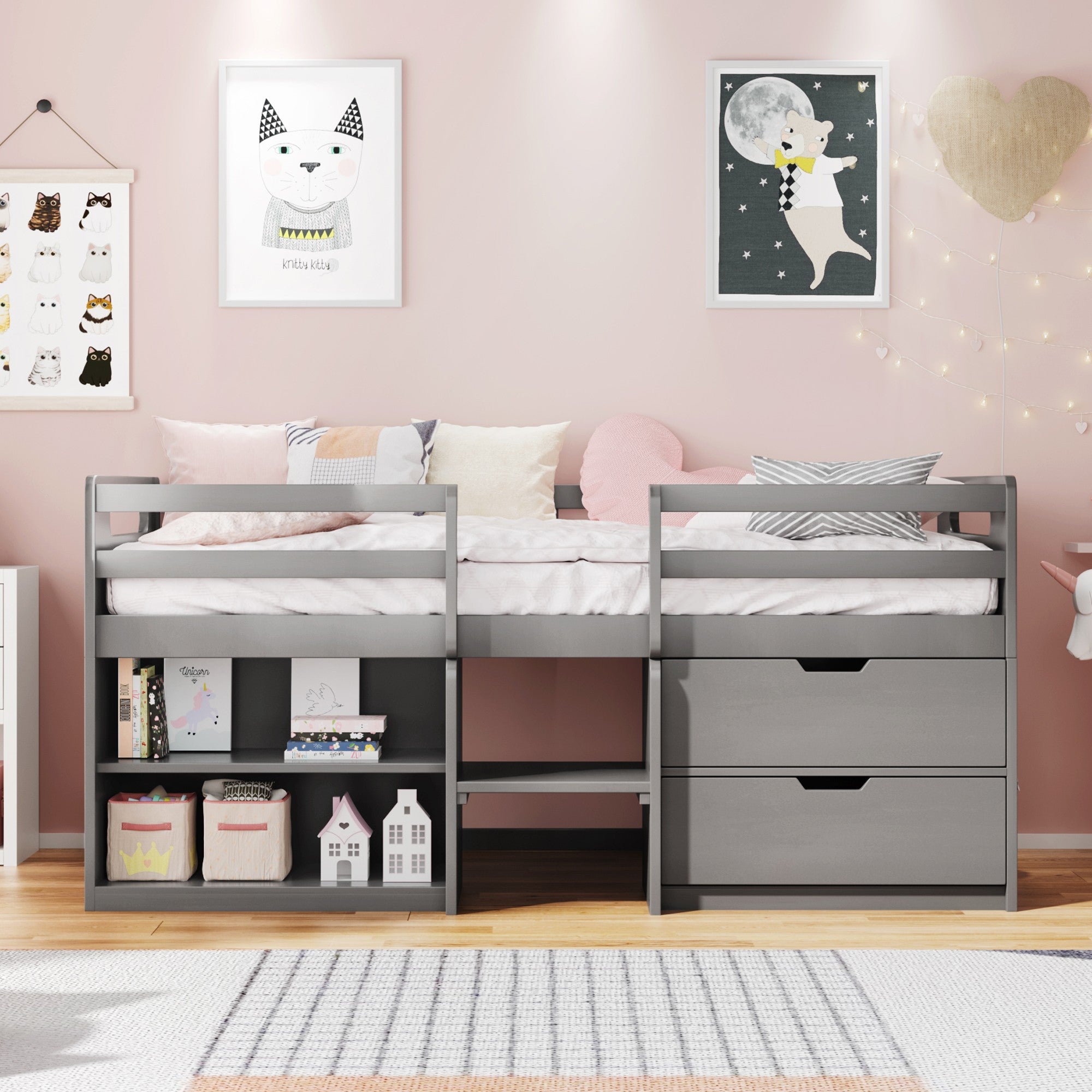 Gray Twin Size Low Loft Bed With Shelves and Drawers