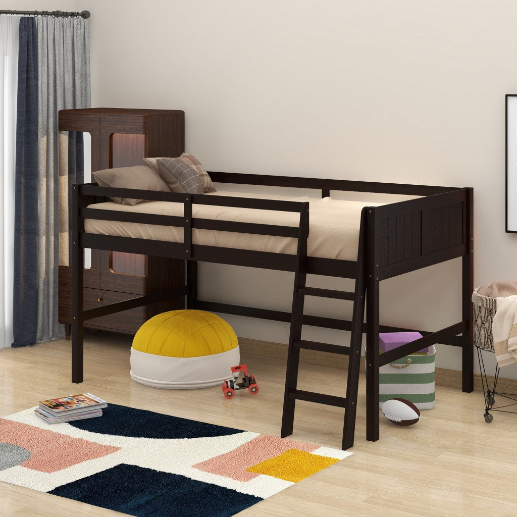 Brown Twin Size Low Loft Bed With Ladder